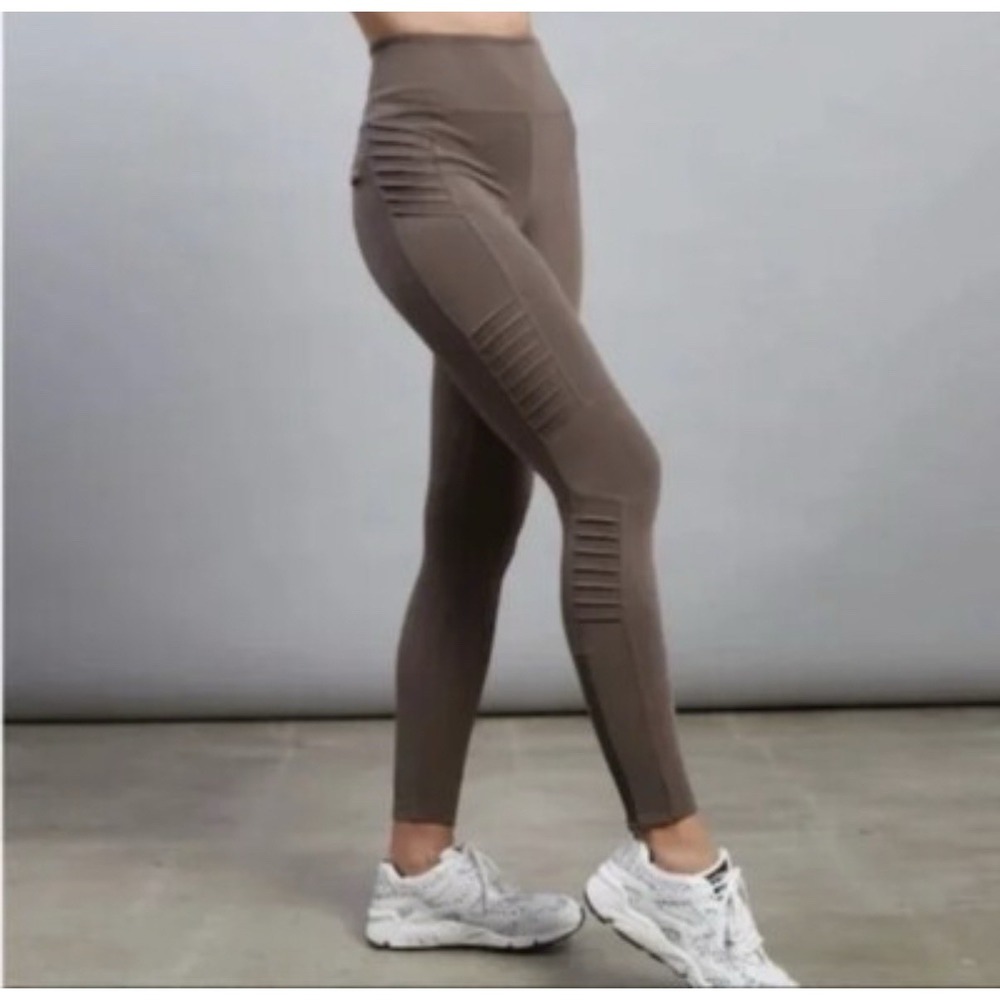 Athleta Delancey Gleam Moto Tight Leggings Taupe Brown Ankle Zip Small